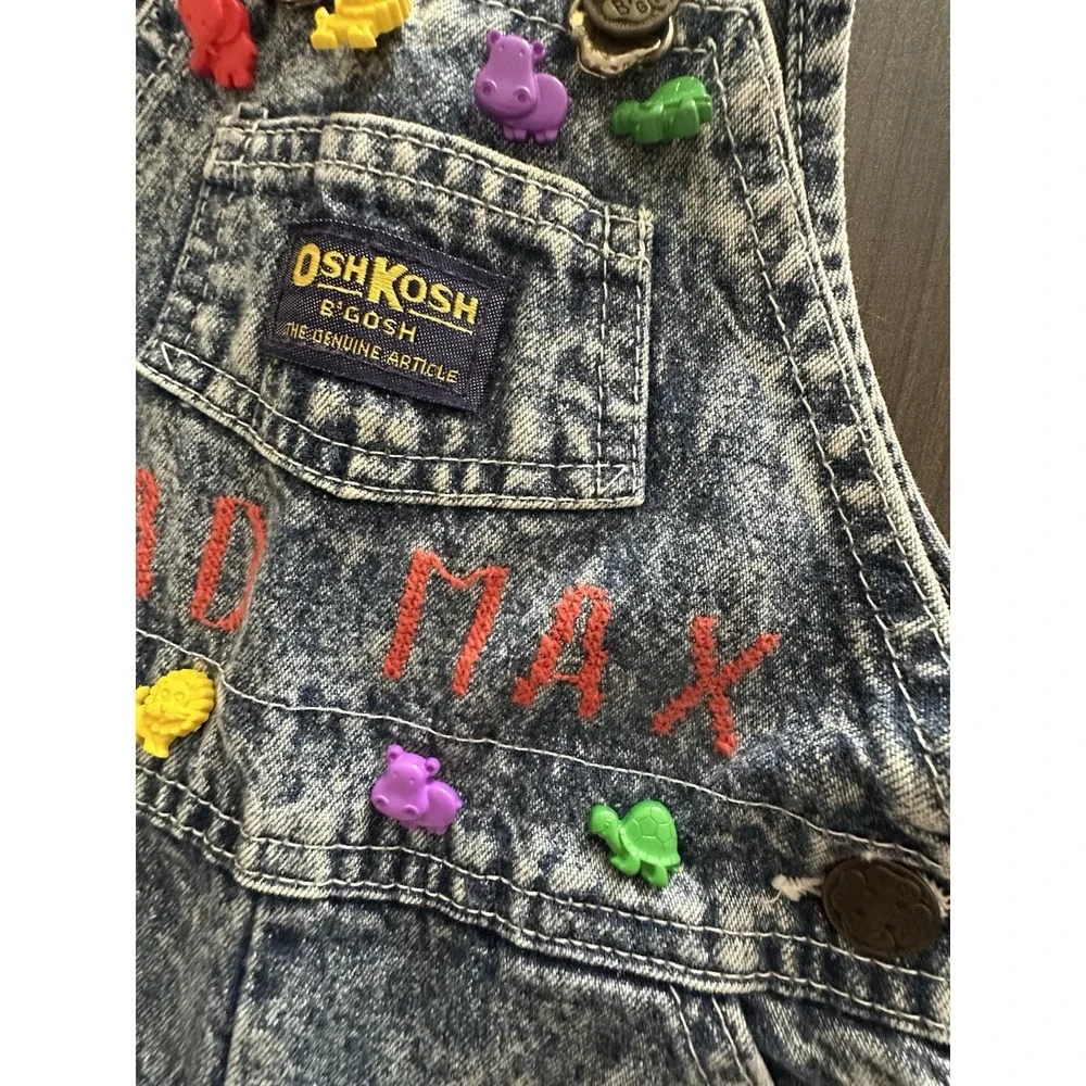 Vintage OshKosh B'gosh Acid Wash Shortalls 18 Month Mad Max‎ Studded Denim Retro